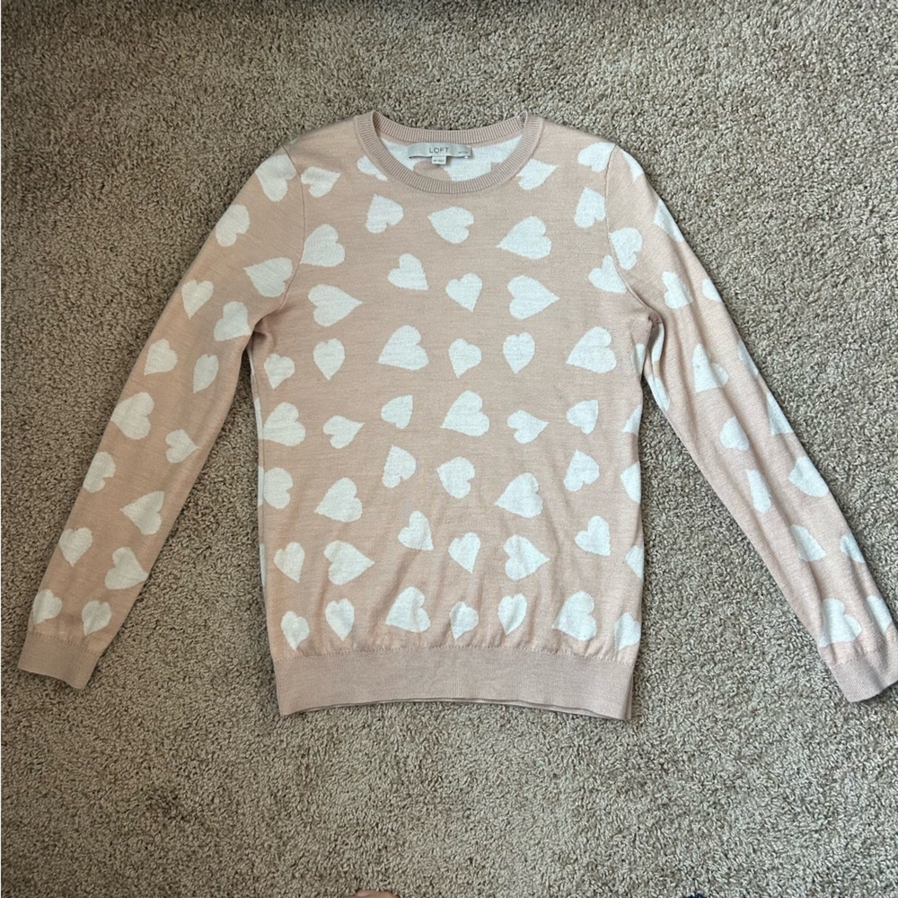 W Pink & White Loft Petite Heart Sweater Size Medium |D19